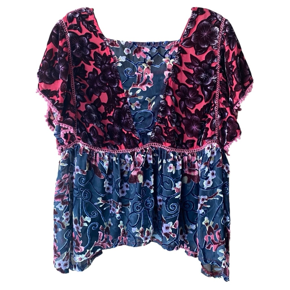 POL Floral Velvet Top Medium Ruffle Short Sleeve Blouse - Picture 5 of 11
